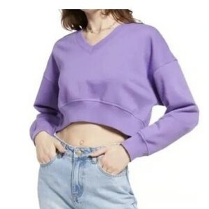 BP V-Neck Cropped Organic Cotton Blend Sweatshirt Purple Dahlia